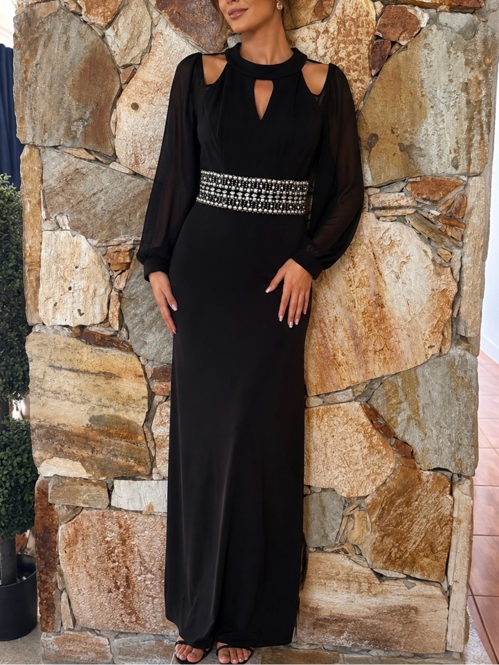 Signature by Sangria Black Beaded Waist Midi Dress drop sleeve